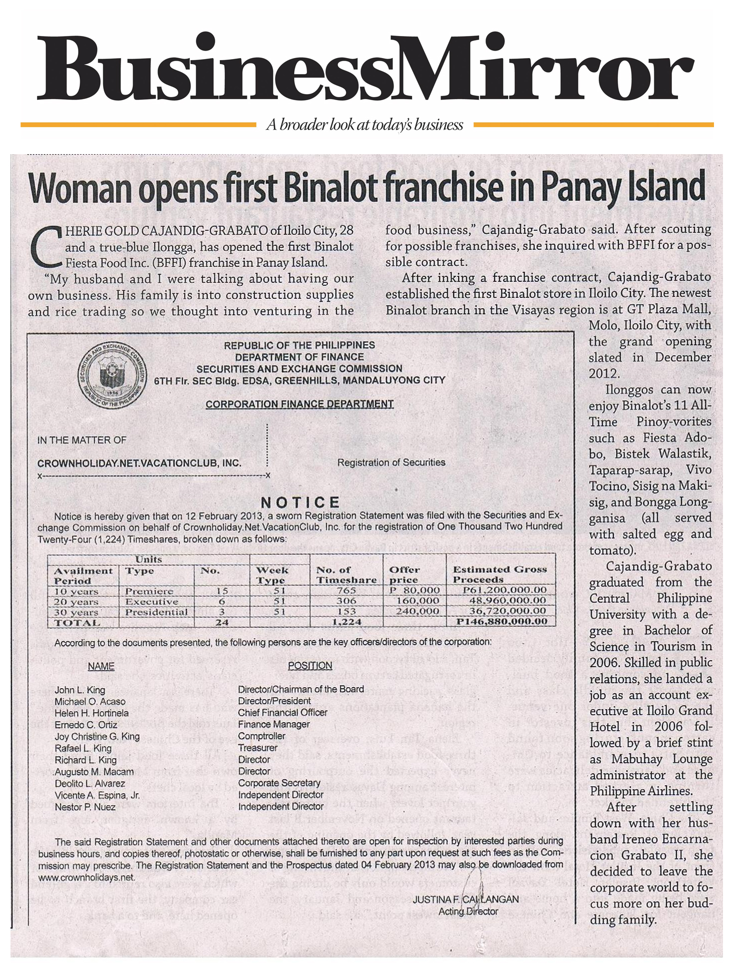 Woman opens first Binalot franchise in Panay Island, February 18, 2013, Business Mirror