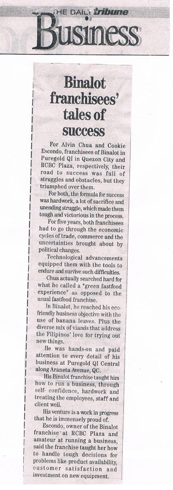 Binalot franchisees'tales of success, July 25, 2013, Daily Tribune