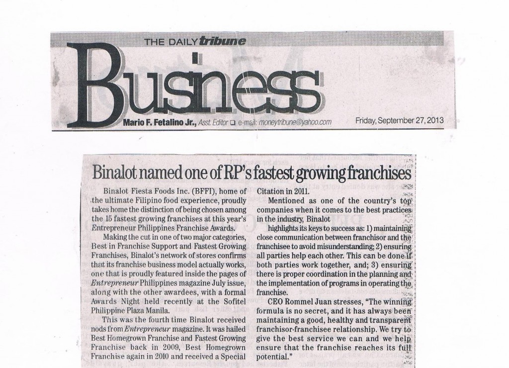 Binalot named one of RP's fastest growing franchises, September 27, 2013, Daily Tribune