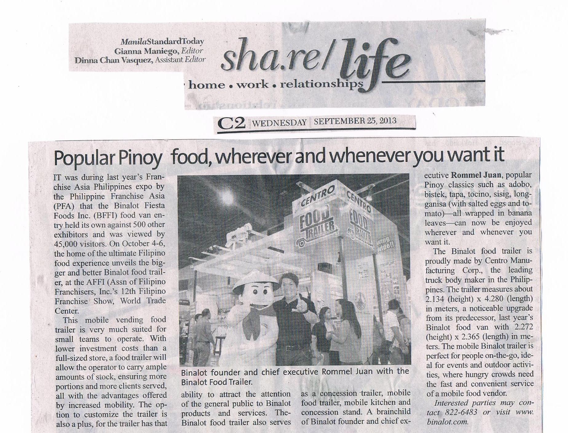Popular Pinoy food, whenever and whenever you want it, September 25, 2013, Manila Standard Today
